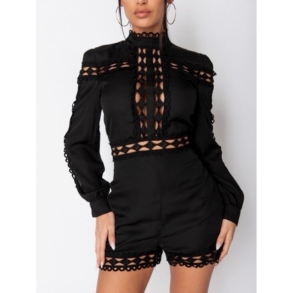 Black Long Sleeve High Neck Lace Trim Romper - Picture 1 of 11